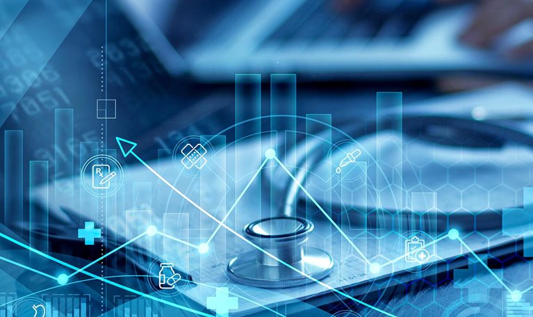 Image depicts a futuristic healthcare concept, showing a stethoscope, digital charts, and graphs overlaid with medical and financial data symbols to represent the integration of technology, data, and medicine.