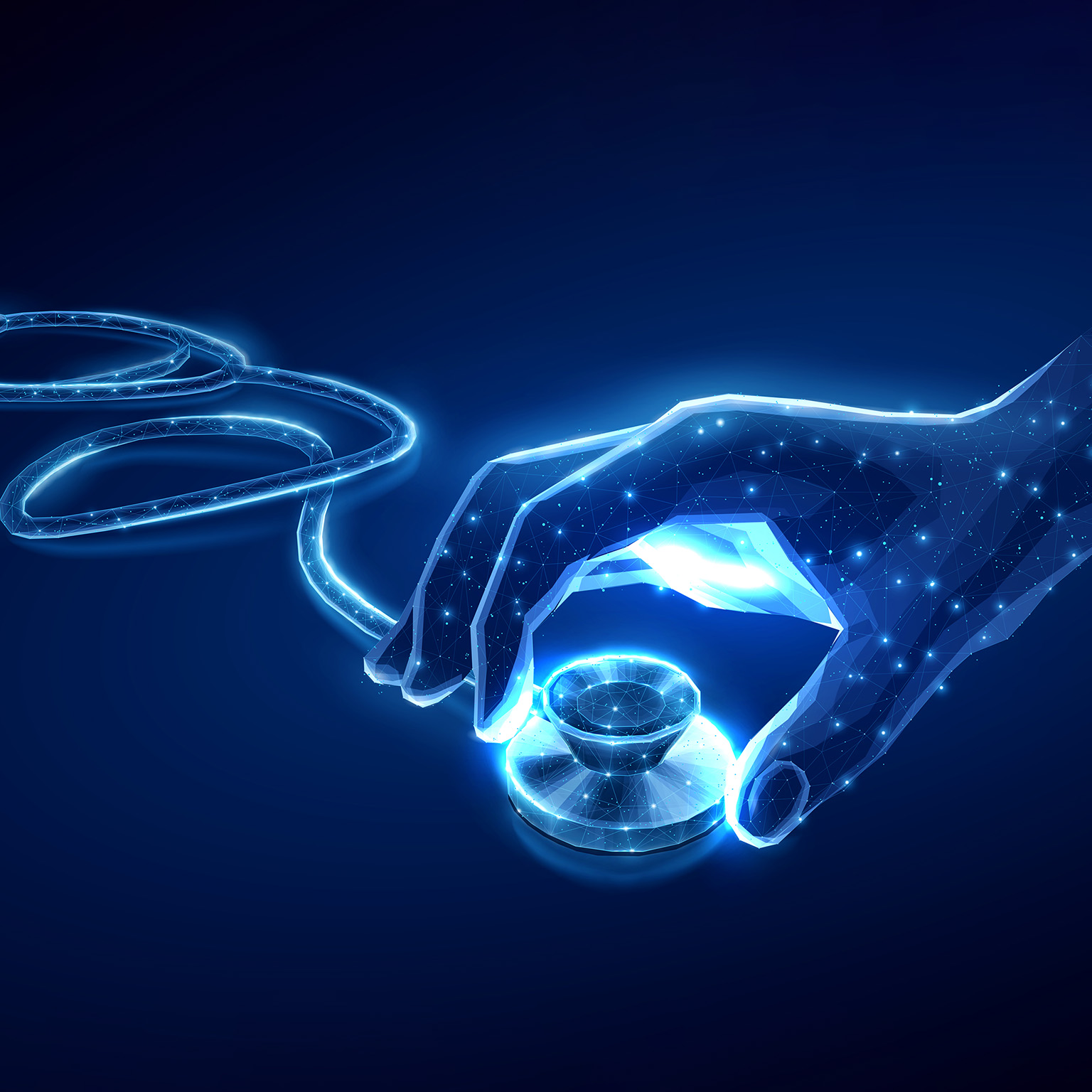 An illustration of a digital hand picking up a digital stethoscope