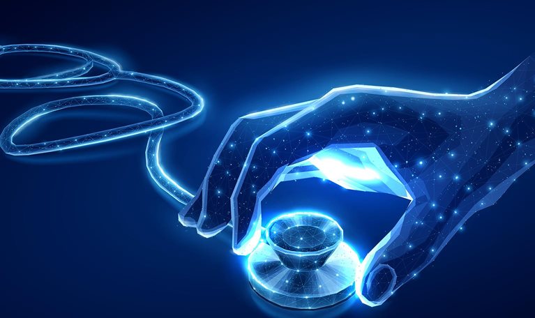 An illustration of a digital hand picking up a digital stethoscope