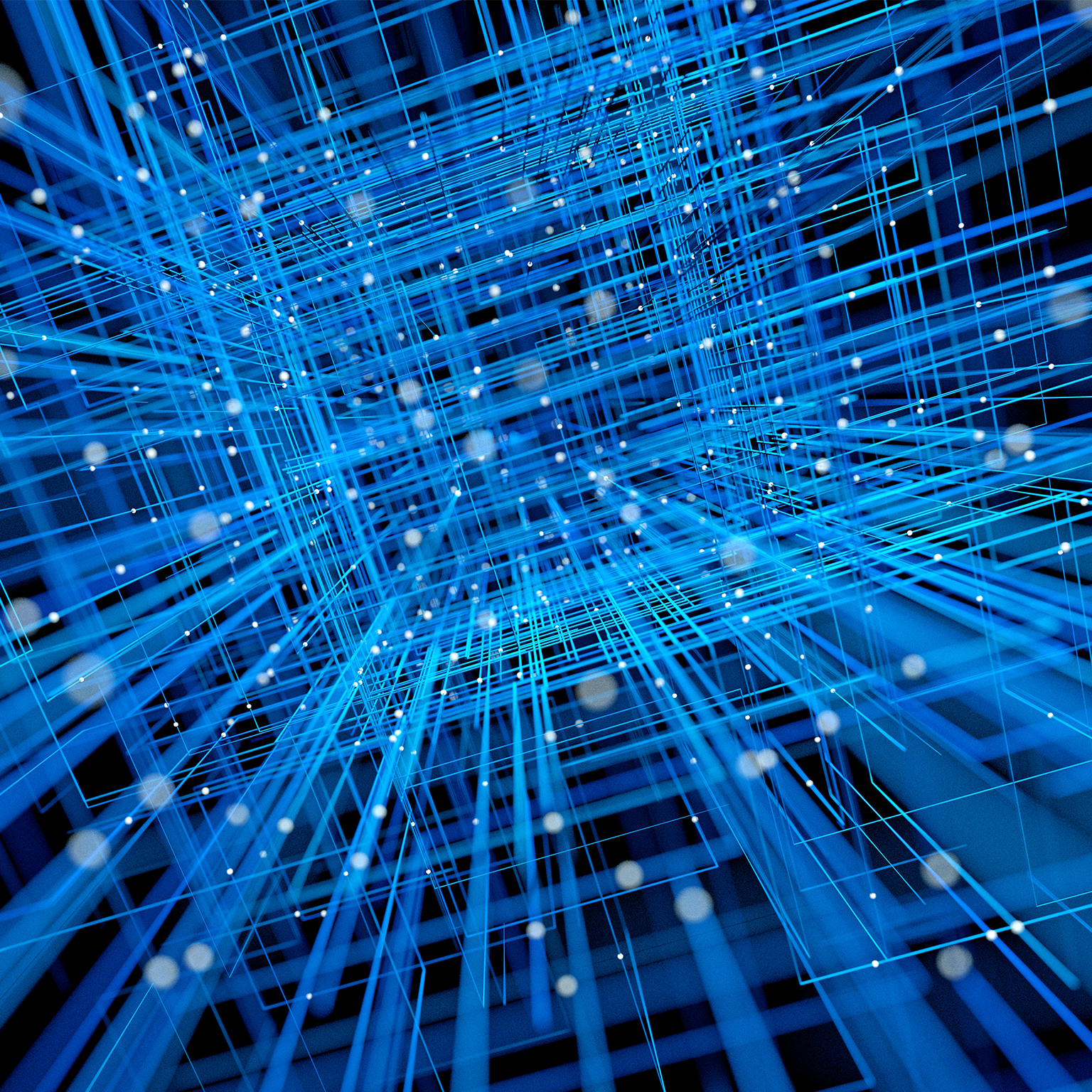 Technology background image, lines converging into center point with dots dancing around the edges. - stock photo