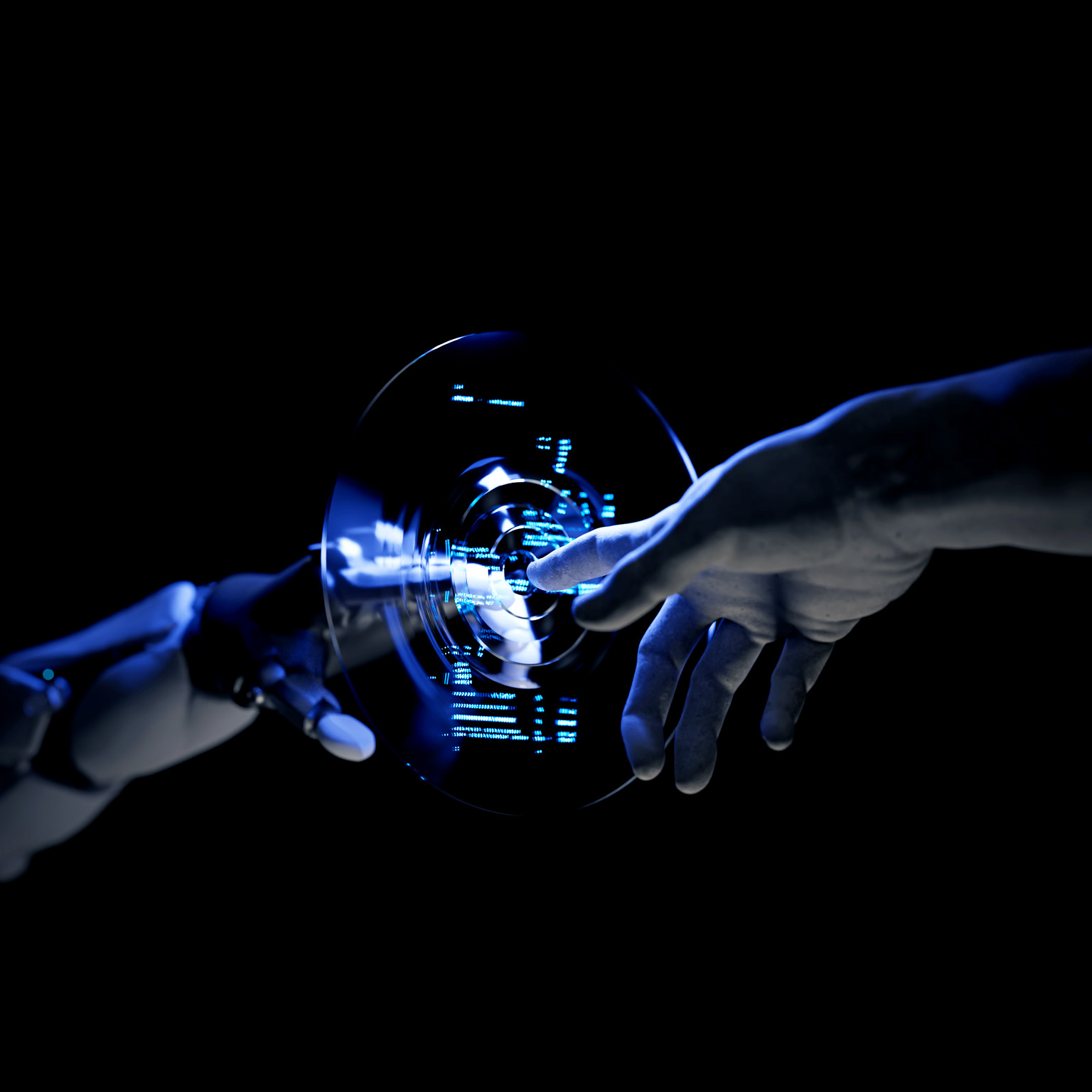 A human hand and a robotic hand extend their index fingers toward each other, separated by a circular and transparent interface. The interface displays a blue code that appears to radiate outward as the two hands move closer.