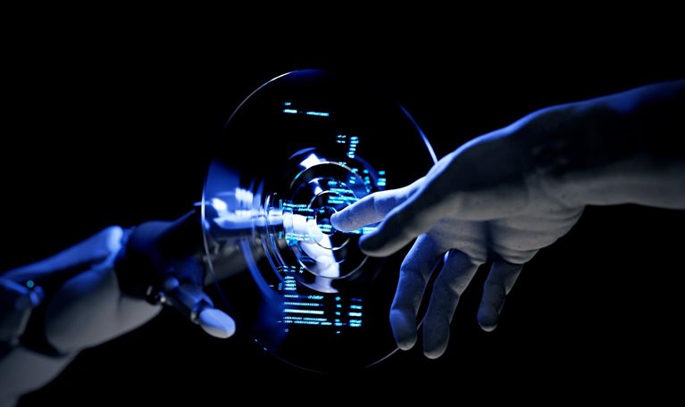 A human hand and a robotic hand extend their index fingers toward each other, separated by a circular and transparent interface. The interface displays a blue code that appears to radiate outward as the two hands move closer.