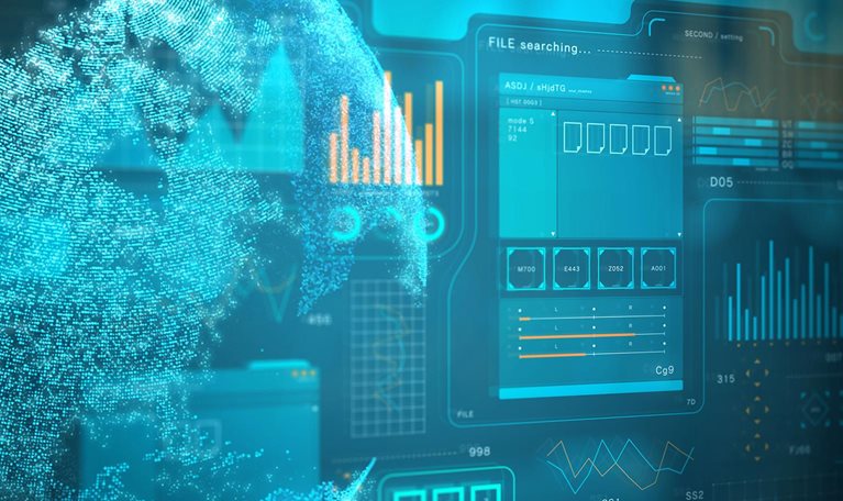 Glowing particle earth and graphical user interface data panel on a dark background.