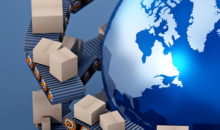 Two levels and dozens of small conveyor belts carrying packages on them circling a 3D image of Earth. Represents technology and global distribution