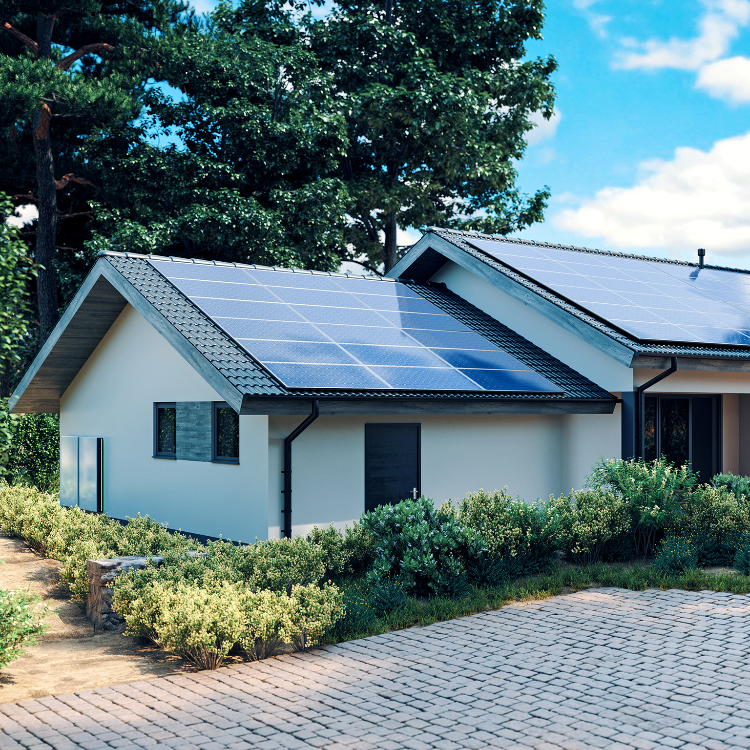 Energy efficient house with solar panels and wall battery for energy storage