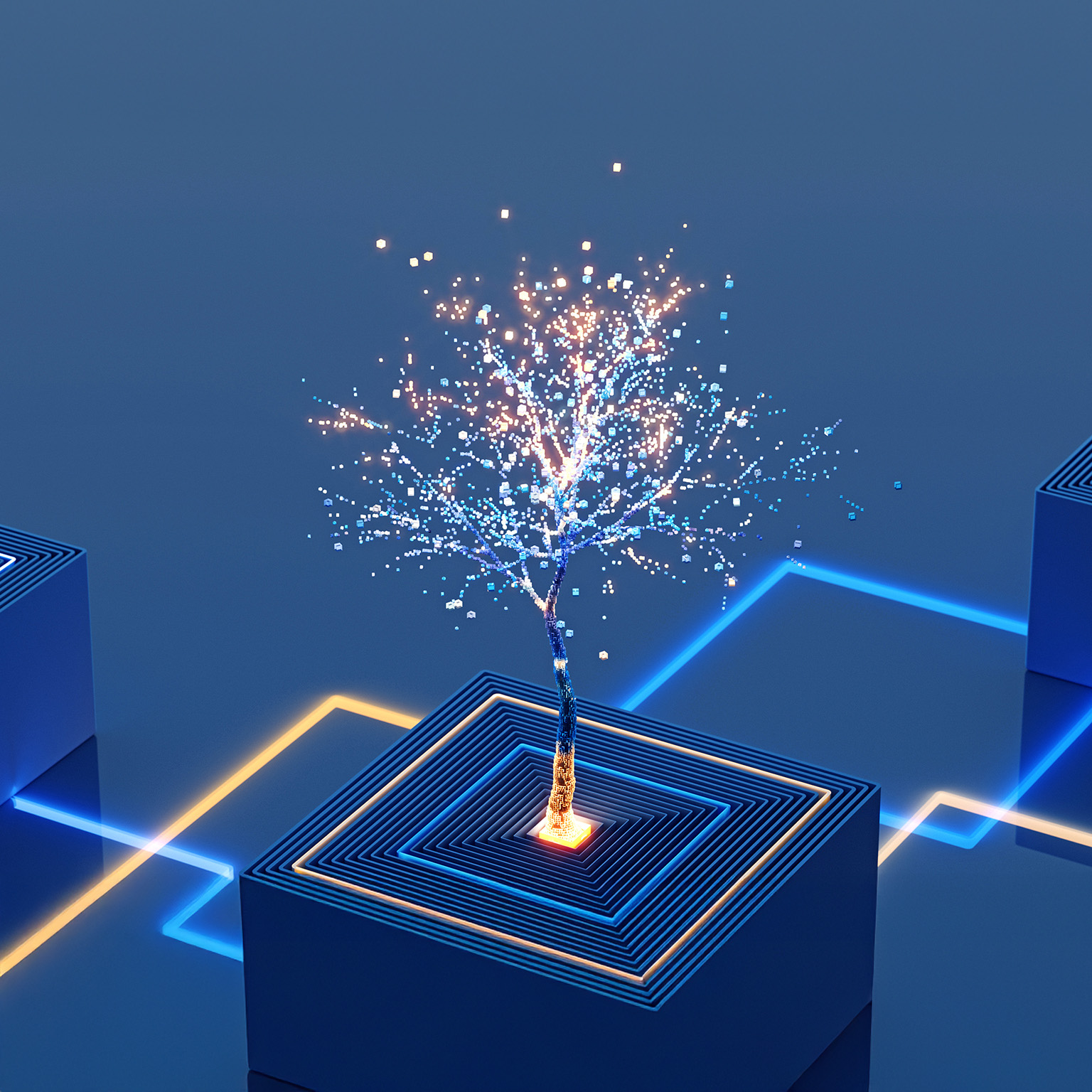 Glowing digital tree growing from a square platform, connected to other blocks by illuminated lines.