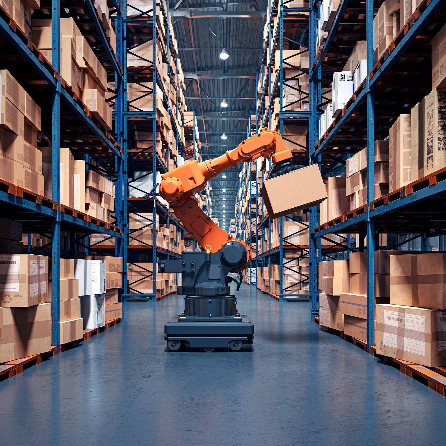 A high-tech warehouse featuring a robotic arm handling and organizing packages on industrial shelves.