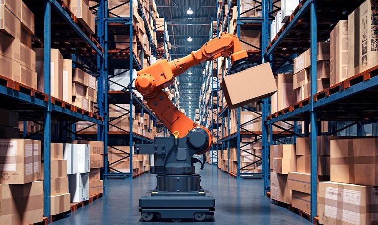 A high-tech warehouse featuring a robotic arm handling and organizing packages on industrial shelves.