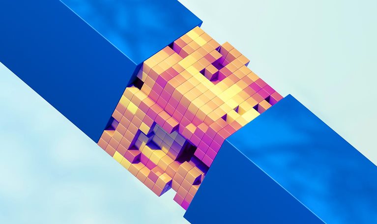 3d image of two simple square sleeves separating and revealing a complex structured core of multicolored cubic blocks within.