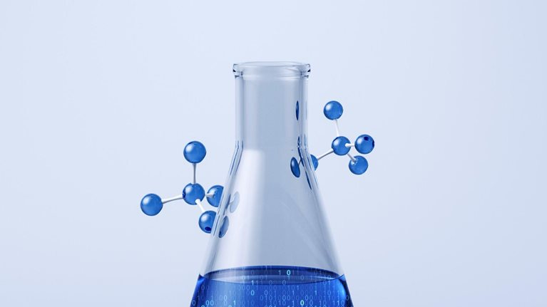 A glass beaker filled hallway with binary number in a blue liquid. Two blue molecules float around the top of the beaker.