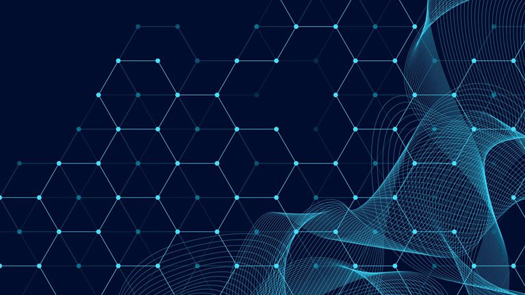 Technology abstract lines and dots connect background with hexagons.