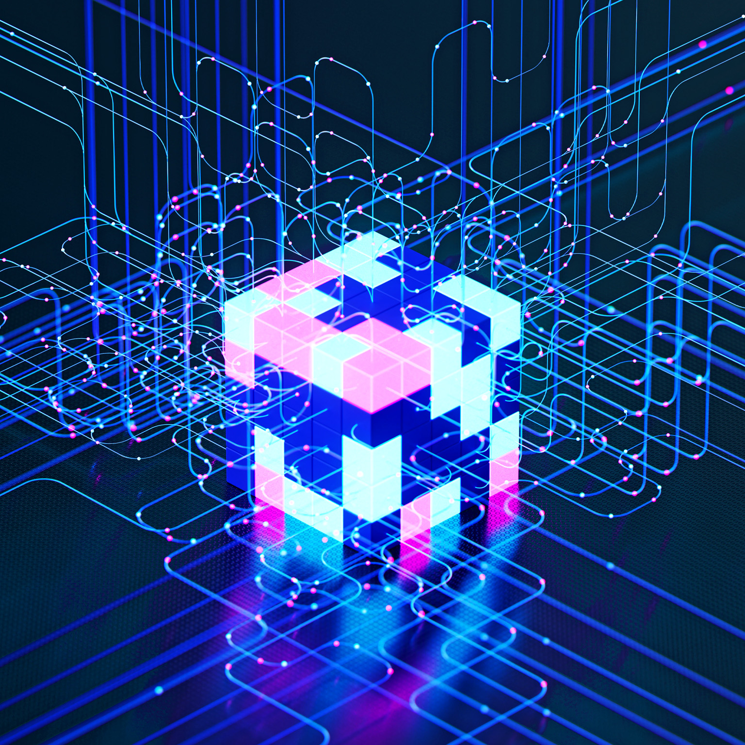 A glowing cube composed of smaller squares in shades of pink and blue, surrounded by interconnected lines and dots in the same colors. 