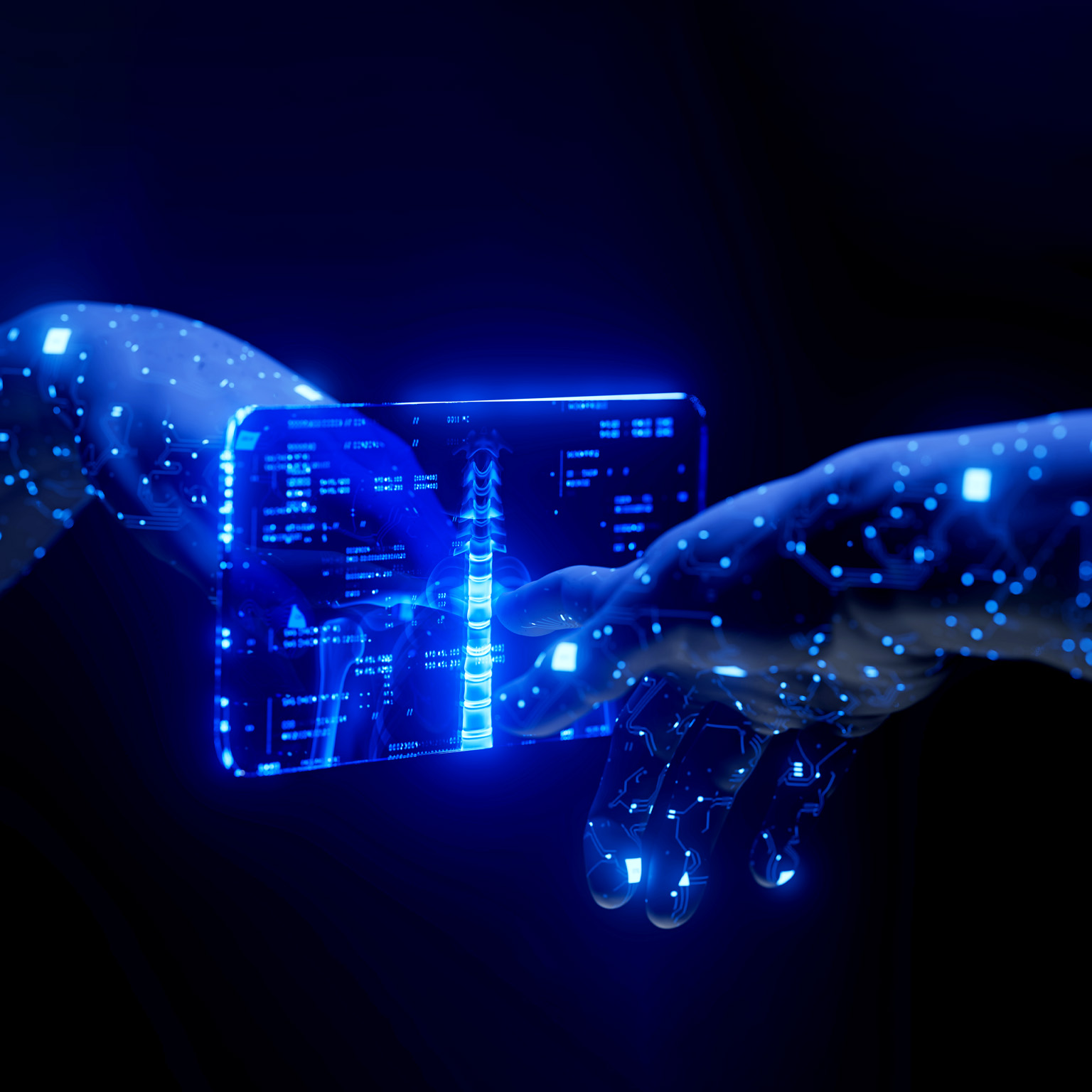 Two translucent hands interact with a futuristic, transparent screen displaying a glowing blue image of a human spine and medical data. The scene is dark, emphasizing the luminescence of the technology.