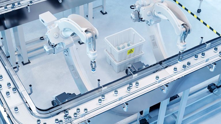 A clean, high-tech medical manufacturing line features robotic arms sorting small containers along a conveyor system in a sterile, light-blue industrial environment.