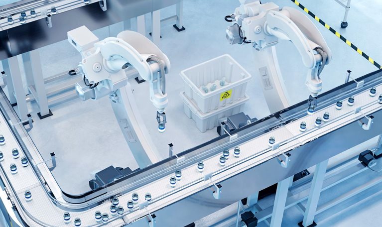 A clean, high-tech medical manufacturing line features robotic arms sorting small containers along a conveyor system in a sterile, light-blue industrial environment.