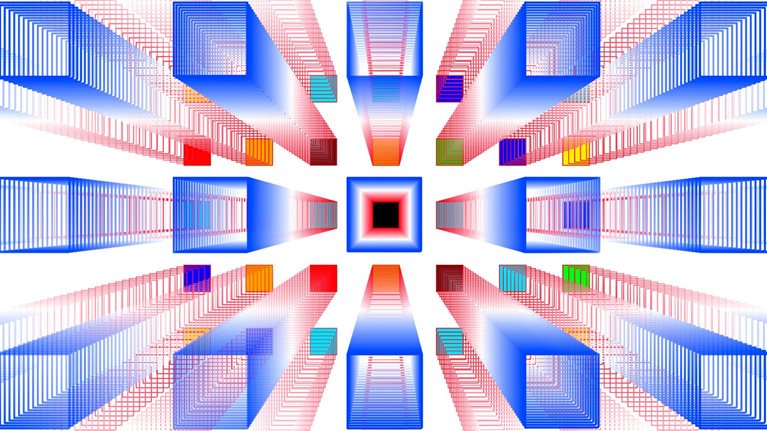 A multitude of transparent cubes with wireframe edges are arranged in a design that extends from the center of the image. The cubes, mostly in shades of blue and red, come together towards a dark square, creating a sense of organization within a vast number of cubes.