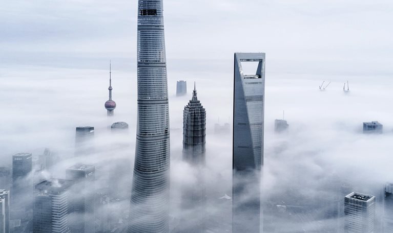 Foggy cityscape in China