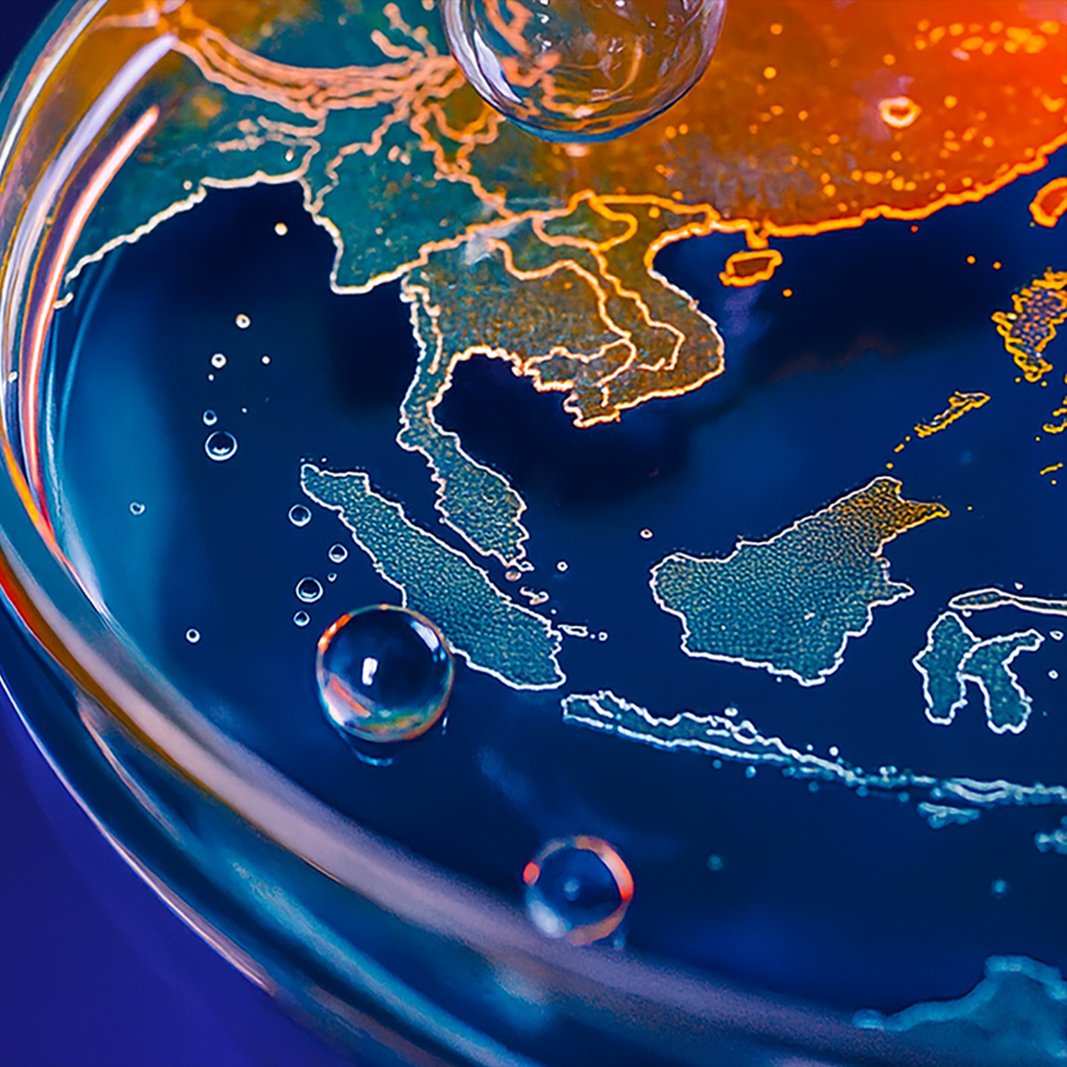 The image is a symbolic representation of climate change, depicting the Earth's landmasses as if in a petri dish with water and bubbles.