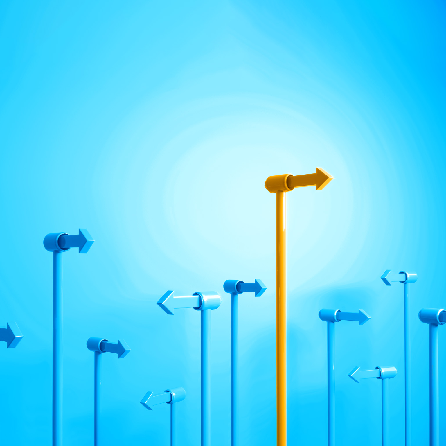 A field of blue directional arrows, all pointing in various directions, with one bright yellow arrow that stands above the rest.