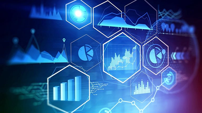 Futuristic image of a digital HUD interface with business infographics and data over a dark blue and purple background.