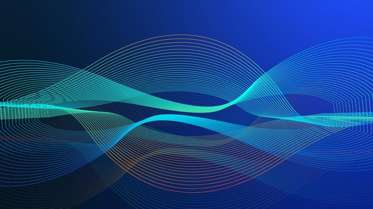 Undulating lines in shades of blue, green, and orange against a dark blue background.