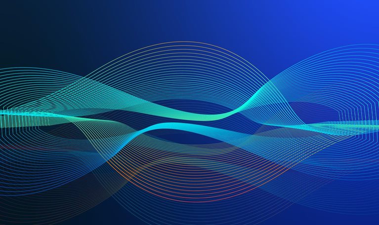 Undulating lines in shades of blue, green, and orange against a dark blue background.