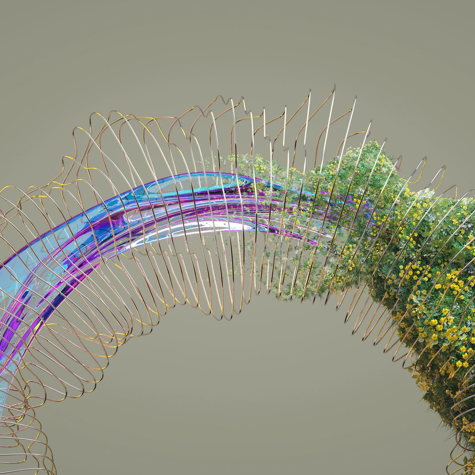 Digital generated image of grass and flowers growing on abstract torus shape made out of transparent glass.