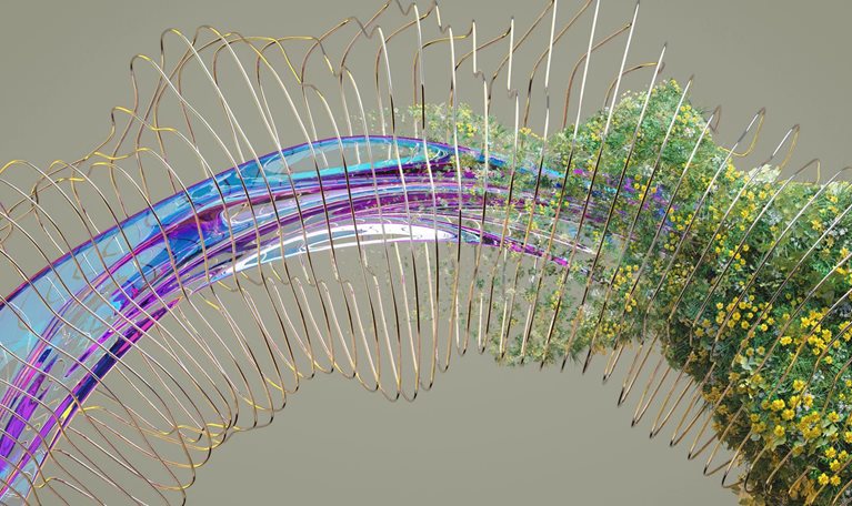 Digital generated image of grass and flowers growing on abstract torus shape made out of transparent glass.