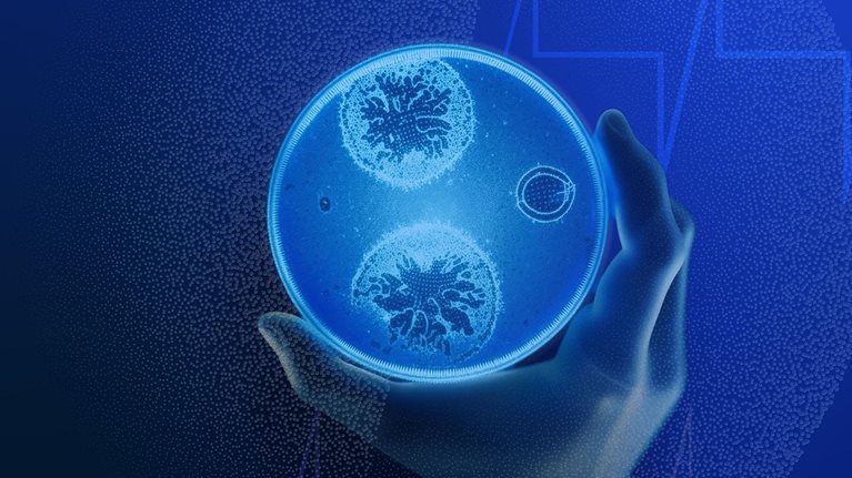 Abstract illustration of a gloved hand holding a glowing petri dish with cells, evoking scientific innovation and future growth in life sciences.