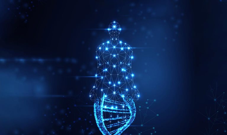 Blue DNA chain with luminous glowing particles around it