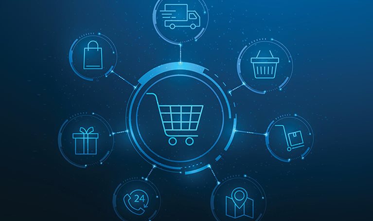 This image is a digital graphic representing a technology retail or e-commerce business concept. It features central icons for online shopping, shipping, and customer service on a blue technological background.