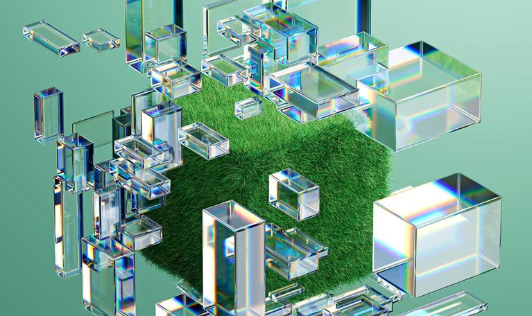 3D rendering of a cube covered in grass surrounded by glass prisms