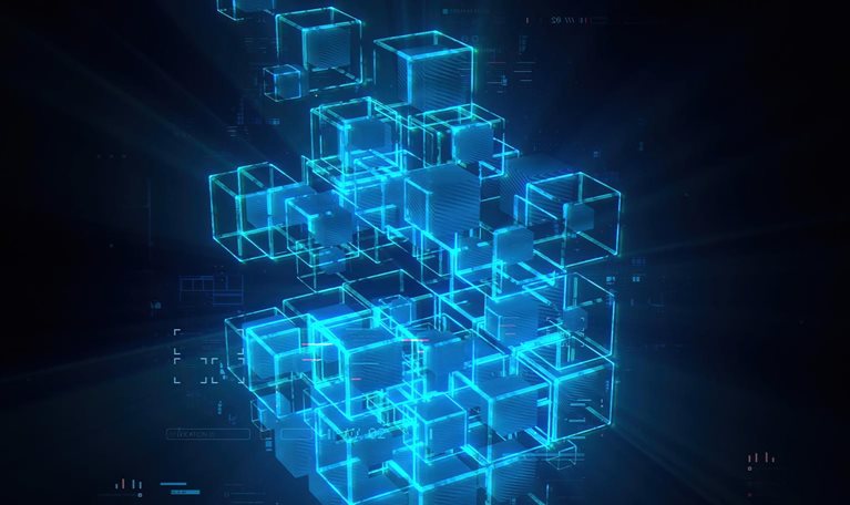 Futuristic glowing cubes formation in world of technological progress and innovation. CGI 3D render