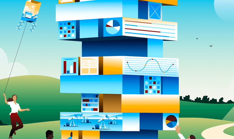 People using blocks representing data and energy to build a house and fly kites. - illustration