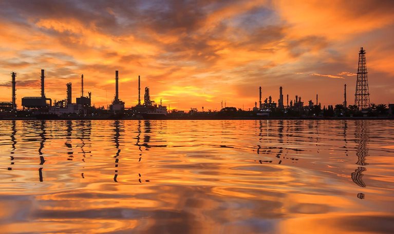 Sunrise over oil refinery industry plant at Bangkok ,Thailand - stock photo