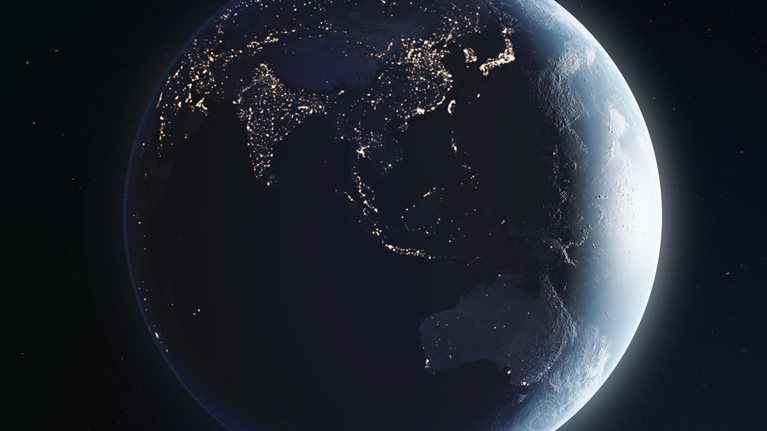 Earth View From Space Full Rotation 360 degrees with the Sun Light, Cities at Night Looped 3d Animation. Dark Planet Turning in Outer Space. Elements Furnished by NASA. Nature, Technology Concept - stock video