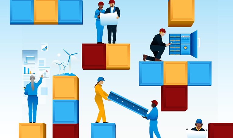 Illustration of people on video game style blocks building a new operating model.