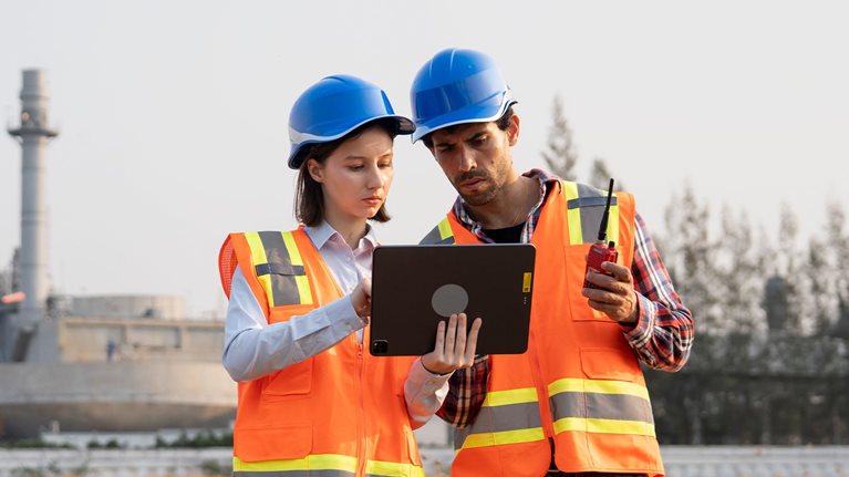 Male and Female Engineers working together in front of power plant factory