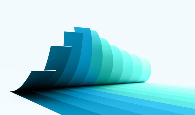 A series of overlapping, curved paper like sheets arranged in a cascading formation, transitioning in color from deep teal to light aqua. The shapes create a smooth gradient effect and cast elongated, layered shadows across a light gray background.