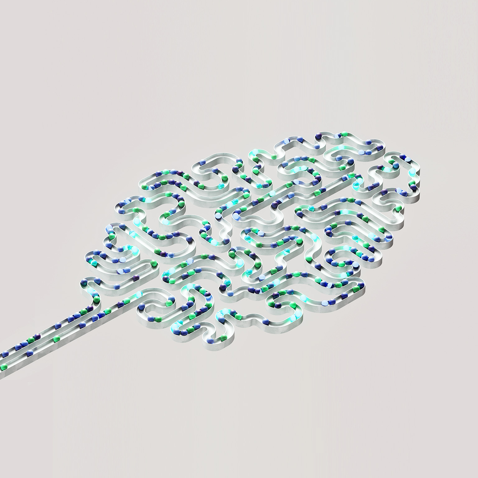 3D image of a brain-shaped labyrinth filled with spheres moving through winding channels.