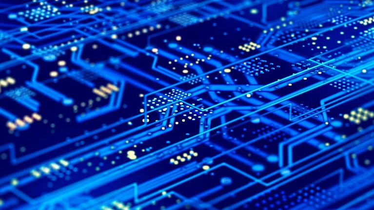 Futuristic circuit board on a dark blue background