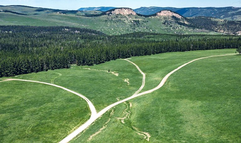 A wide aerial view of a lush green landscape with multiple dirt roads branching and intersecting across open fields. In the distance, dense forest lines and rolling hills lead up to rocky ridges under a bright sky with scattered clouds.