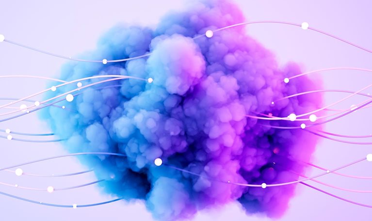 Futuristic blue and pink neo cloud intertwined with wires