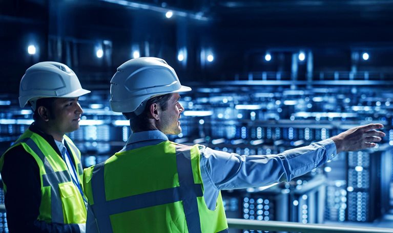 Two men in hard hats look out at a server farm in a data center