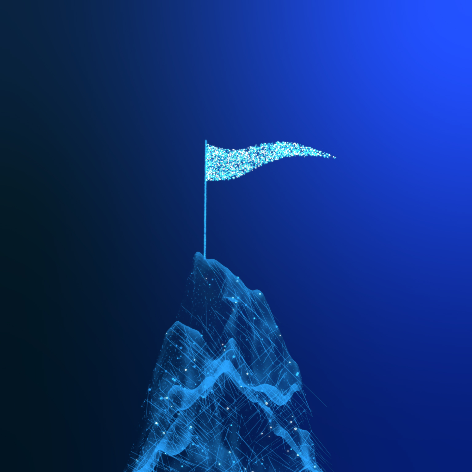 Animated blue particles form a mountain peak against a dark background. A flagpole rises from the summit, and a glowing blue flag waves as small particles drift away.