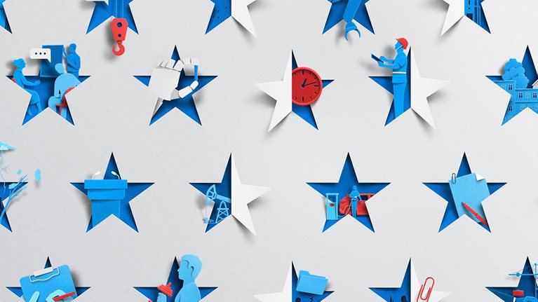 A white sheet of paper has been cut in various places creating a constellation of stars. Inside each star is an image depicting a multitude of diverse industries in vibrant blue and red hues.