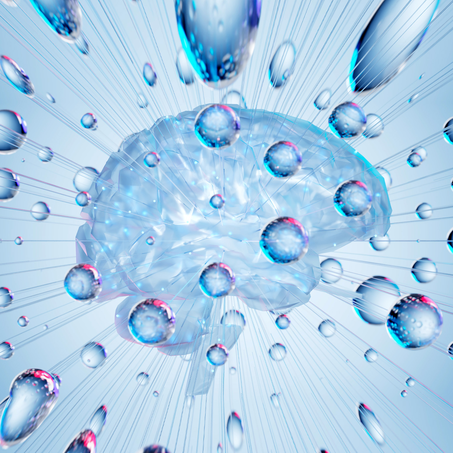 A glass brain with an energetic array of crystal orbs and rays radiating from it. 