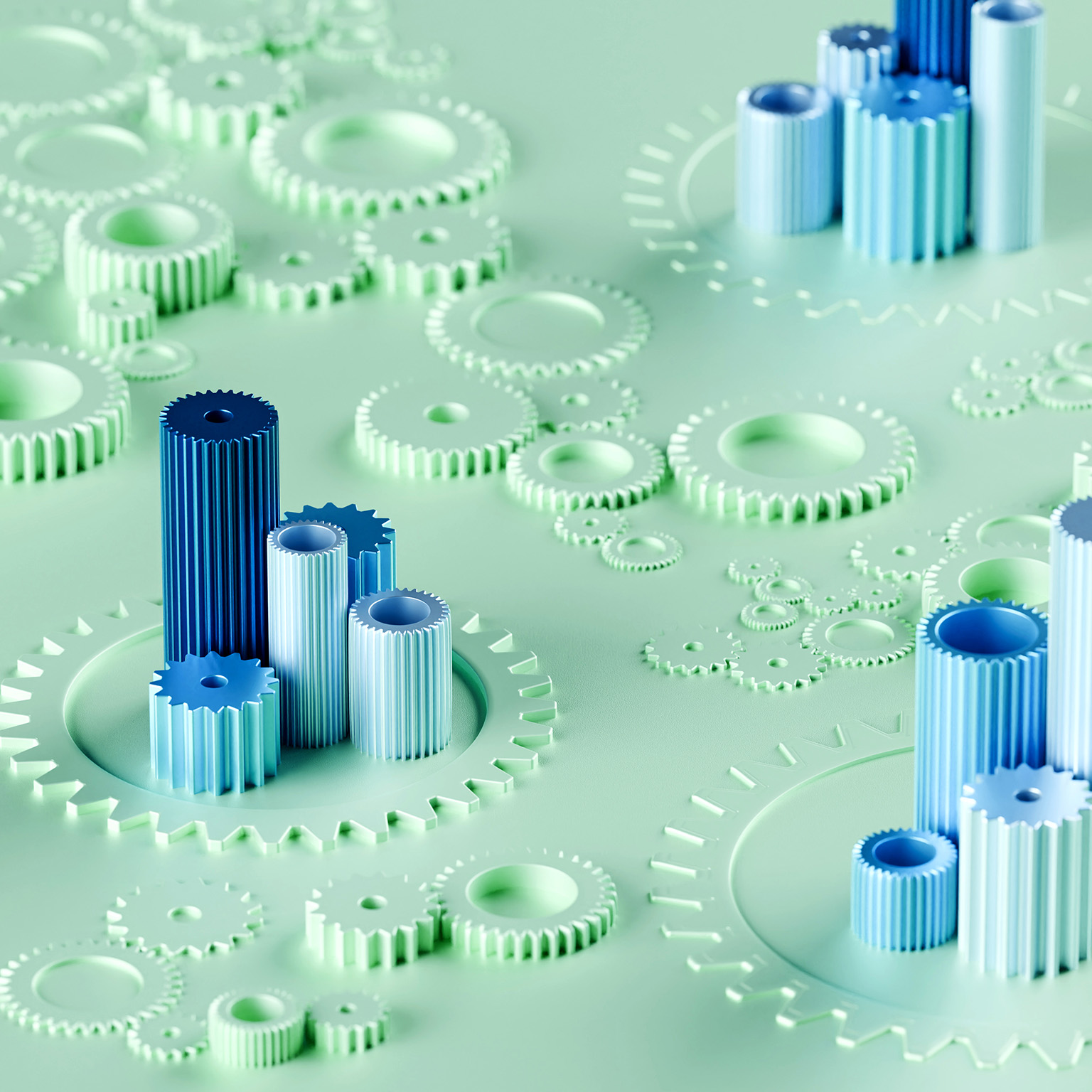A conceptual with mechanical gear shapes forming bar graphs in blue and green tones