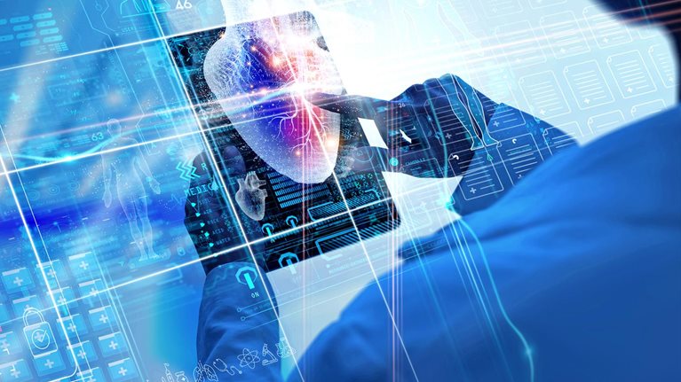 Cardiologist doctor check up report electronic medical record and examine heart function of patient on Digital tablet.