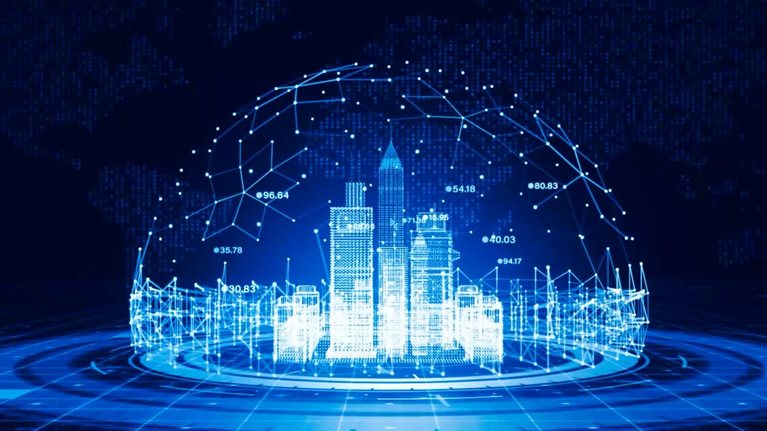 A glowing blue digital grid transforms into a futuristic city skyline, which then becomes enclosed within a dome-like network of luminous lines and data connections. A map of the world is subtly visible in the background.